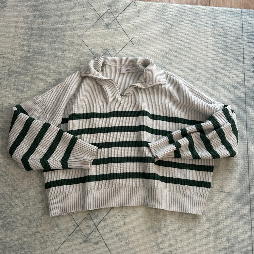 Mango Cream and Dark Green Striped Cowl Neck Sweater